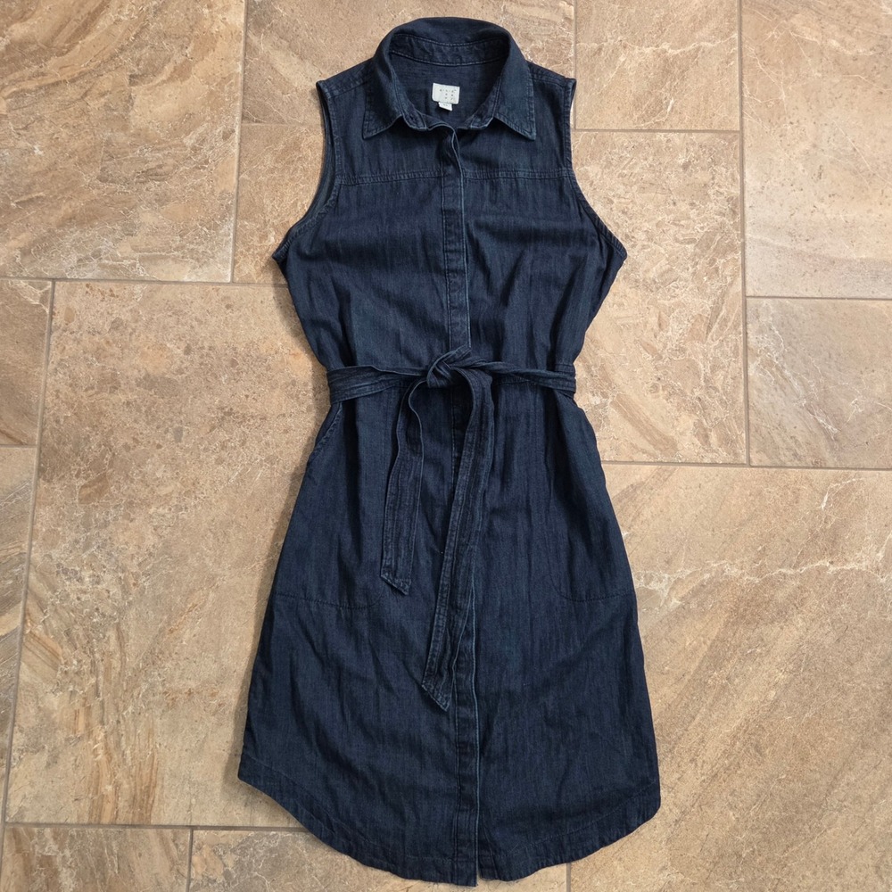 A‎ New Day Womens Sleeveless Denim Shirt Dress Dark Wash Tie Waist Blue XS